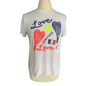 Nike White Tennis Graphic Tee with Navy, Neon Yellow, and Coral Accents